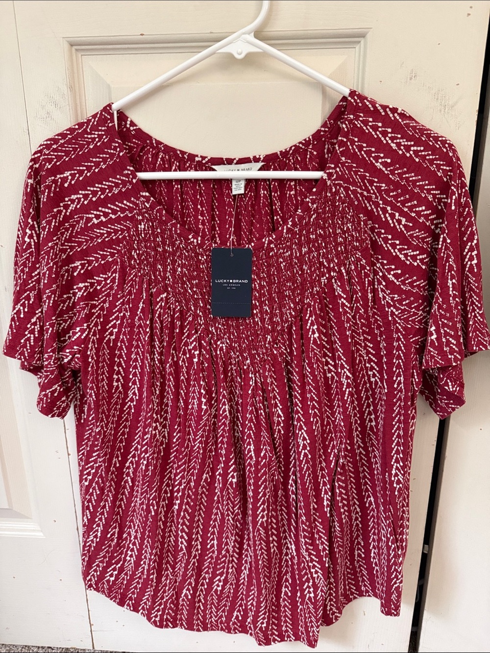 Lucky Brand Wine Red Printed Smocked Top